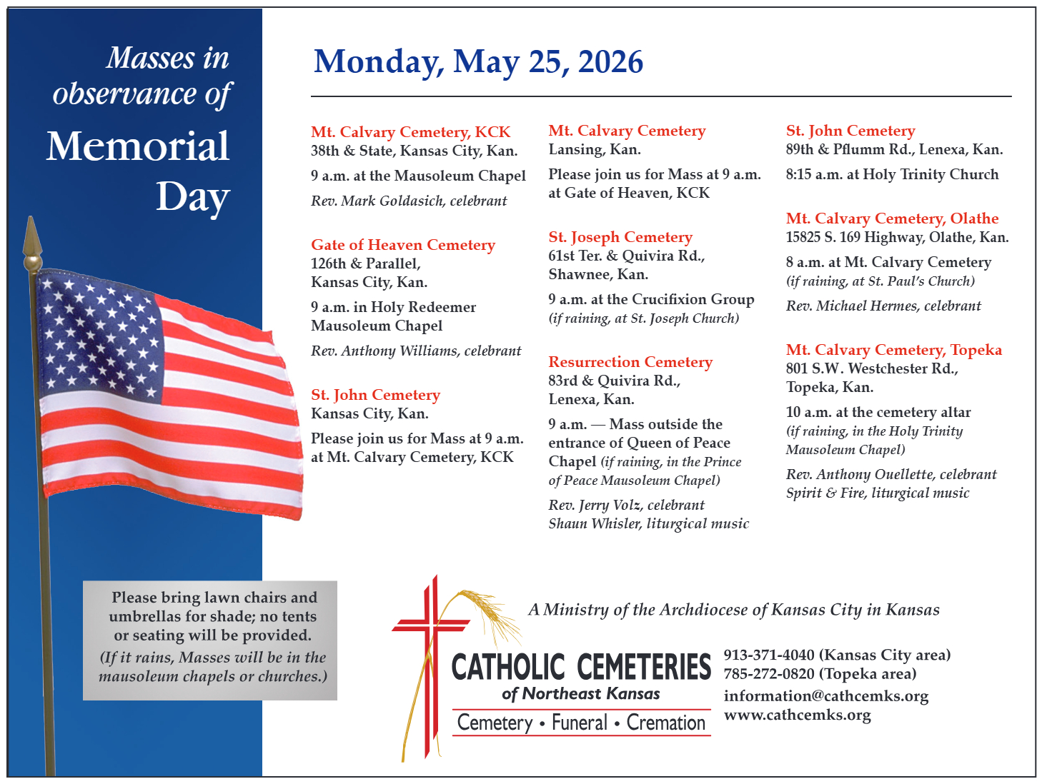 Masses in observance of Memorial Day 2026